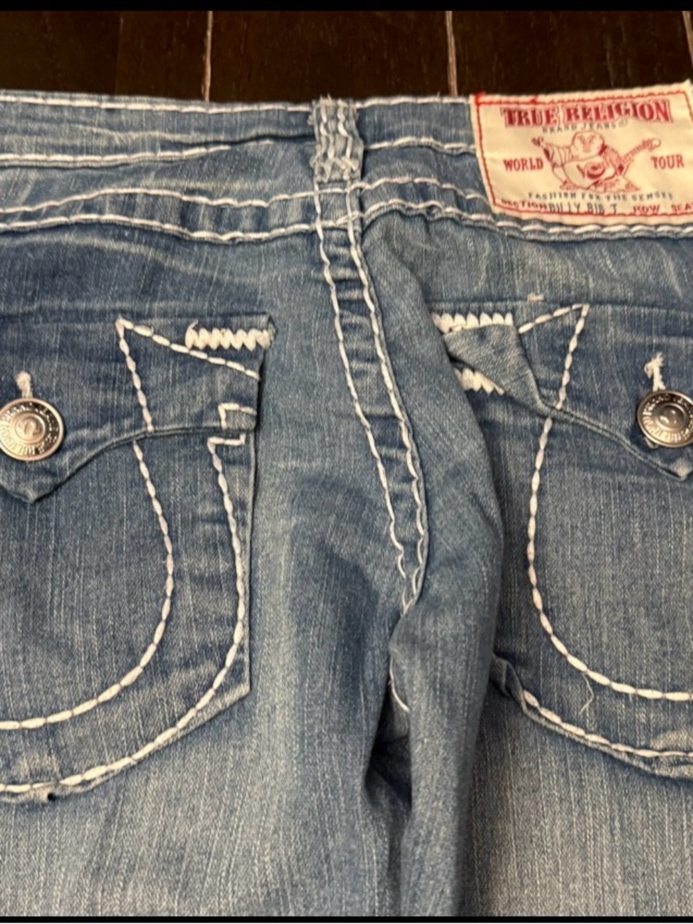 True Religion Billy Big T Low Rise Bootcut Jeans White Stitching 33”x27.5”